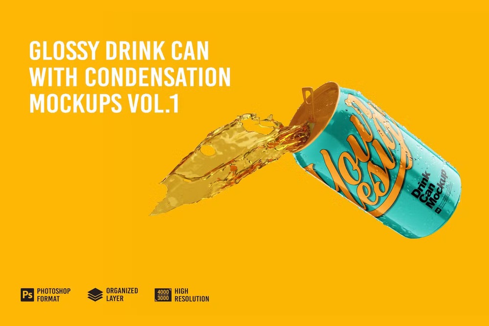 A glossy drink can with condensation mockup