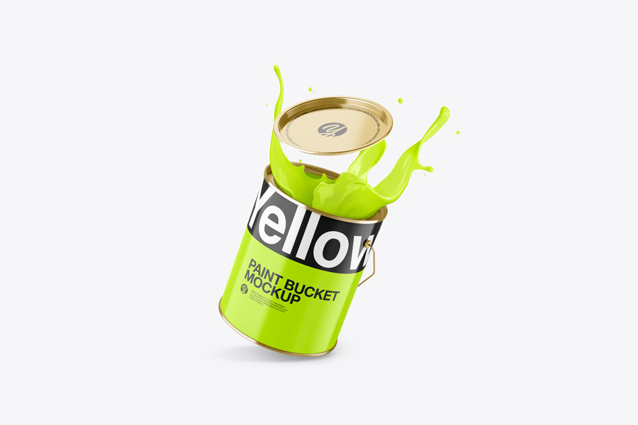 A glossy paint bucket with splash mockup