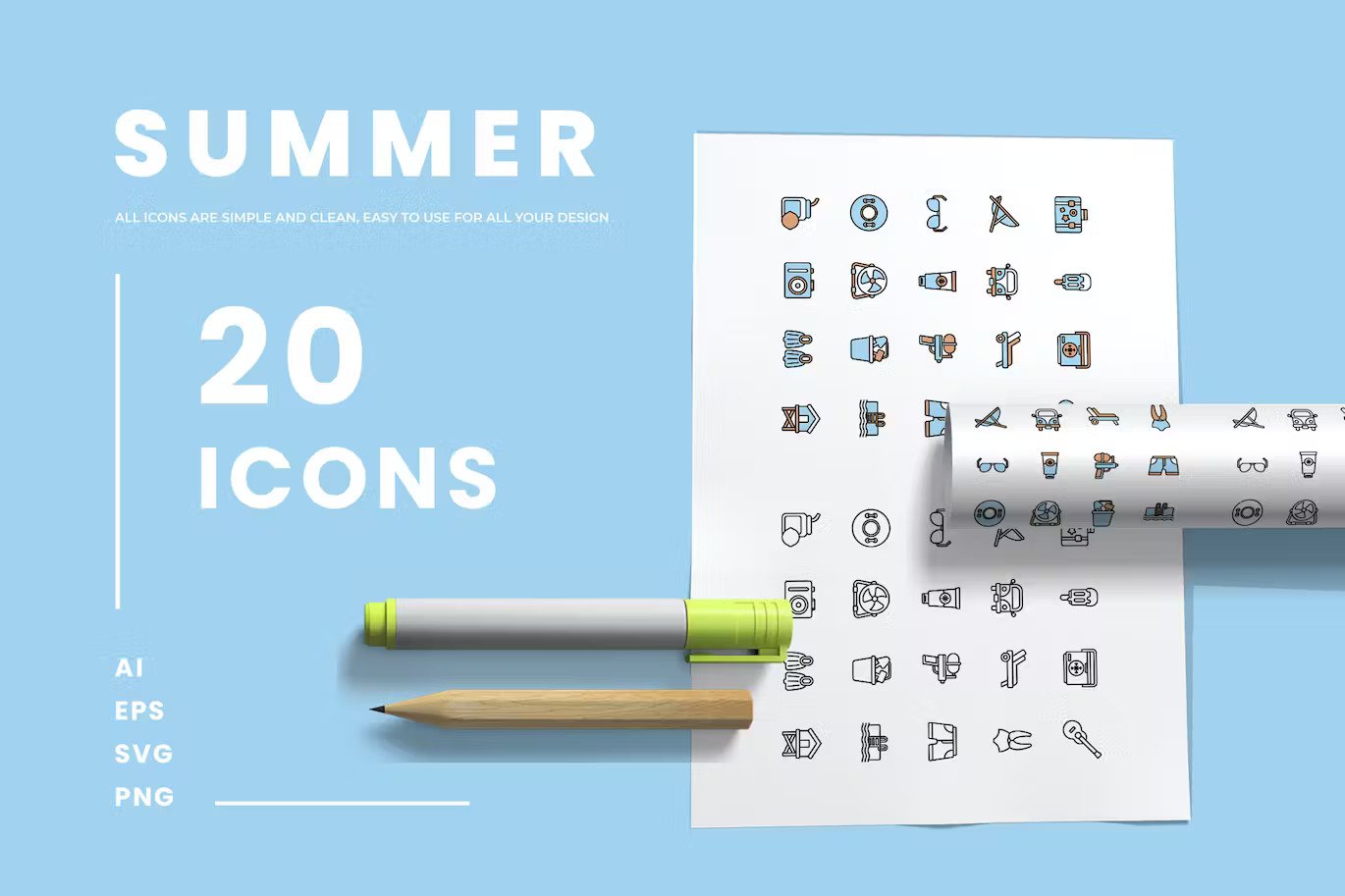 A summer icons in line in filled styles