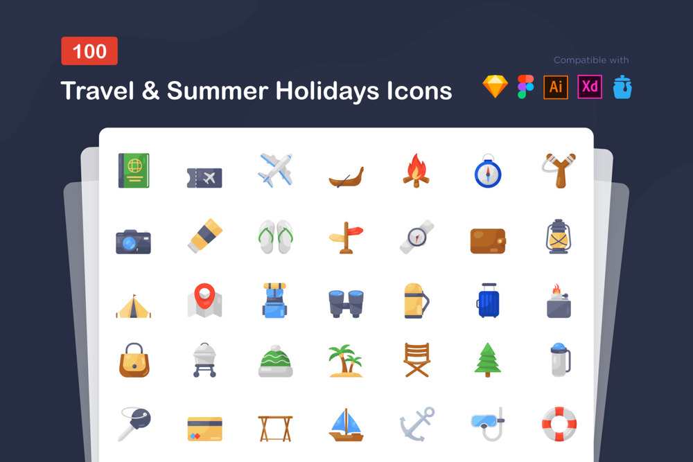 Travel and summer holiday icons set