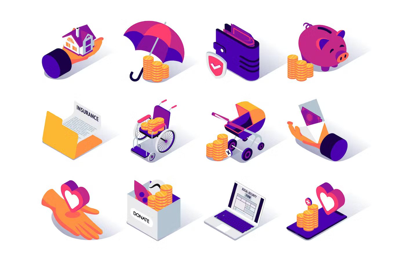 A social security isometric icons set