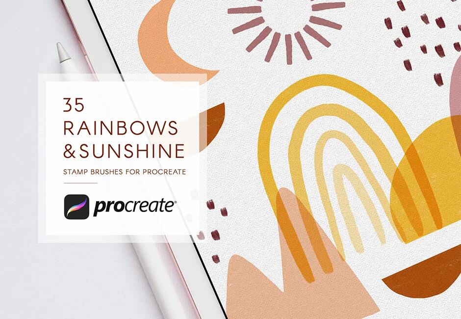 A set of rainbows and sunshine stamp brushes for procreate