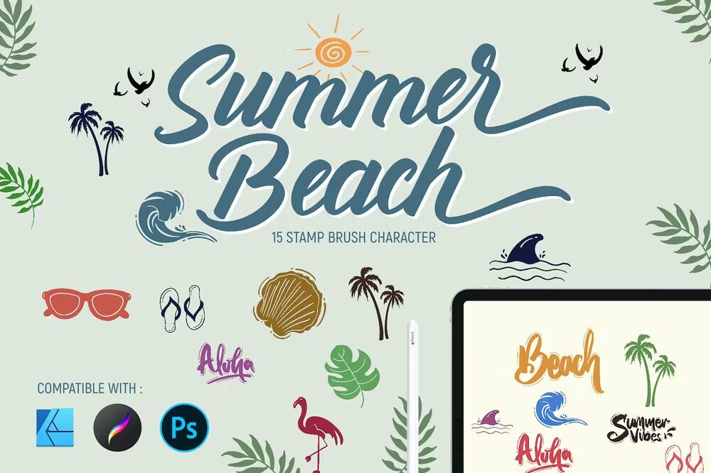 A summer beach stamp brushes