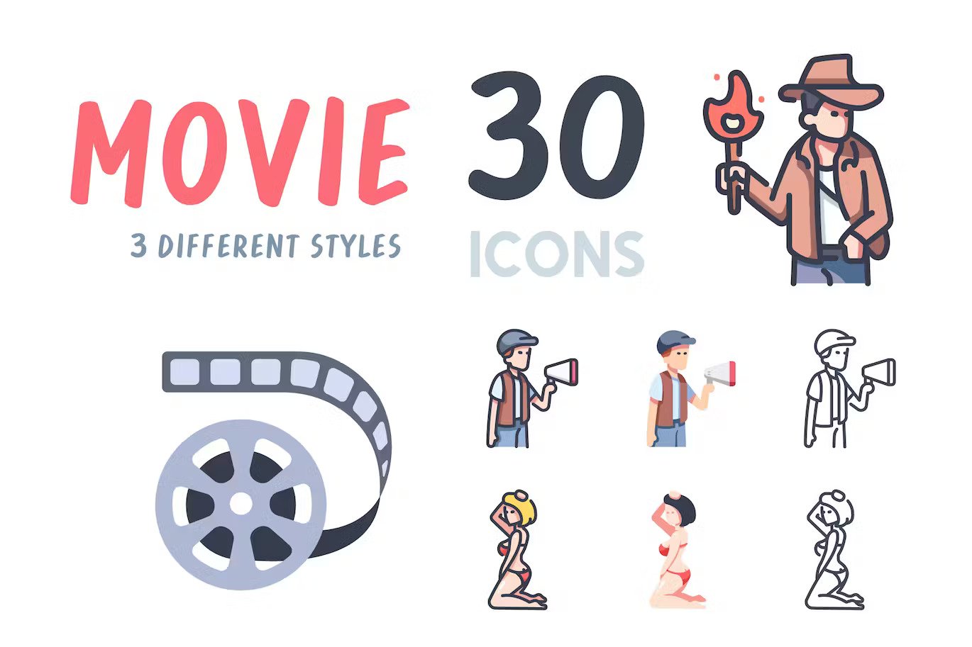 Three different style movie icons