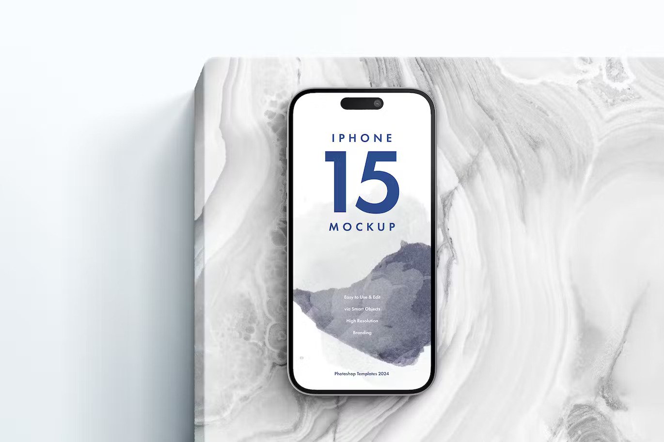 iPhone 15 on marble podium mockup