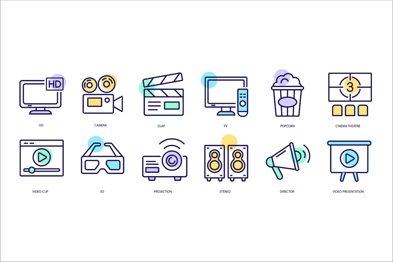 A set of linear cinema icons