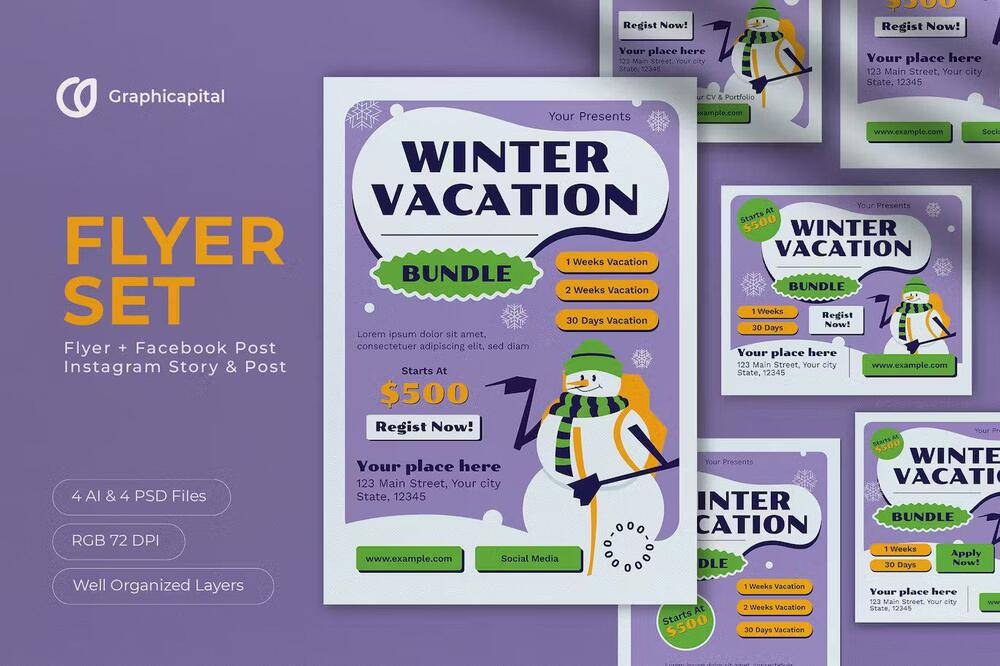 A purple winter vacation flyer set