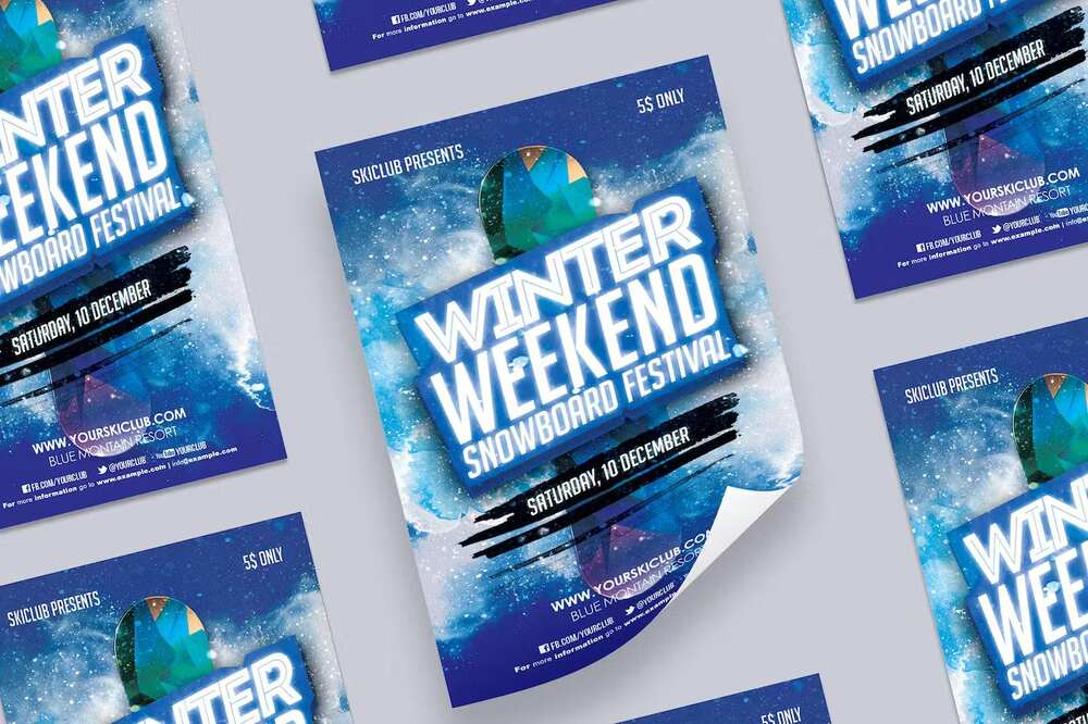 A winter snowboard flyer template