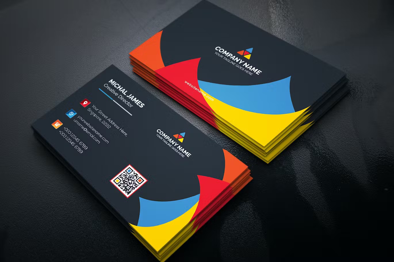 A dark colorful business card