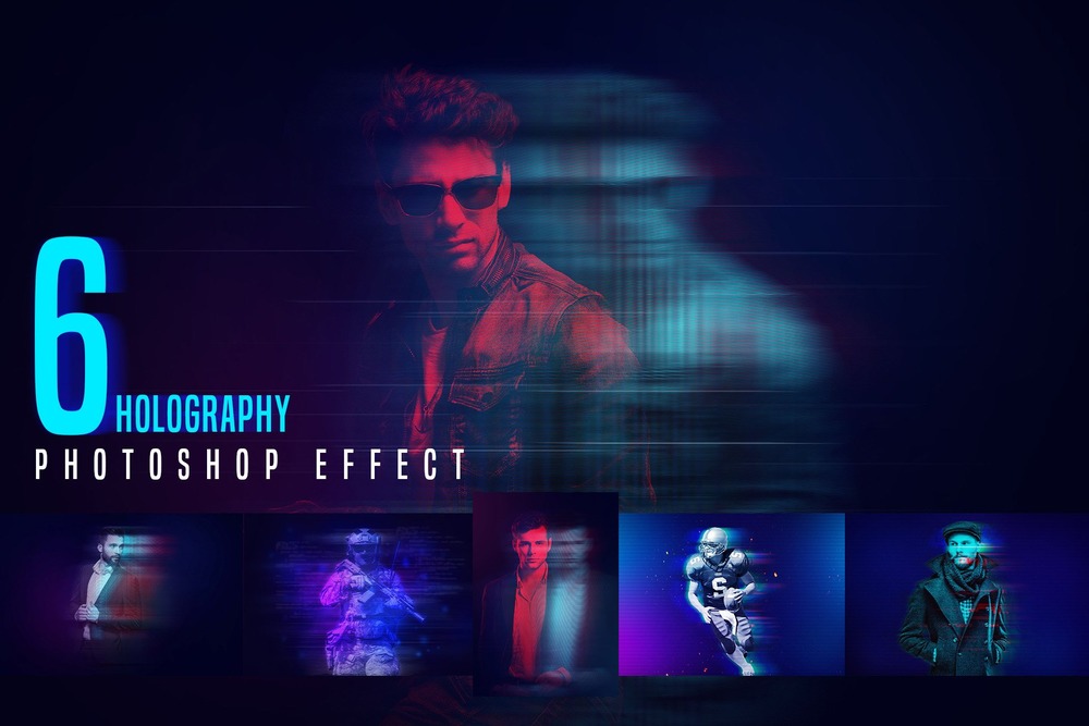 A set of hologram glitch photoshop effects