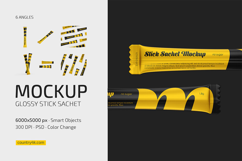 A glossy Stick Sachet mockup set